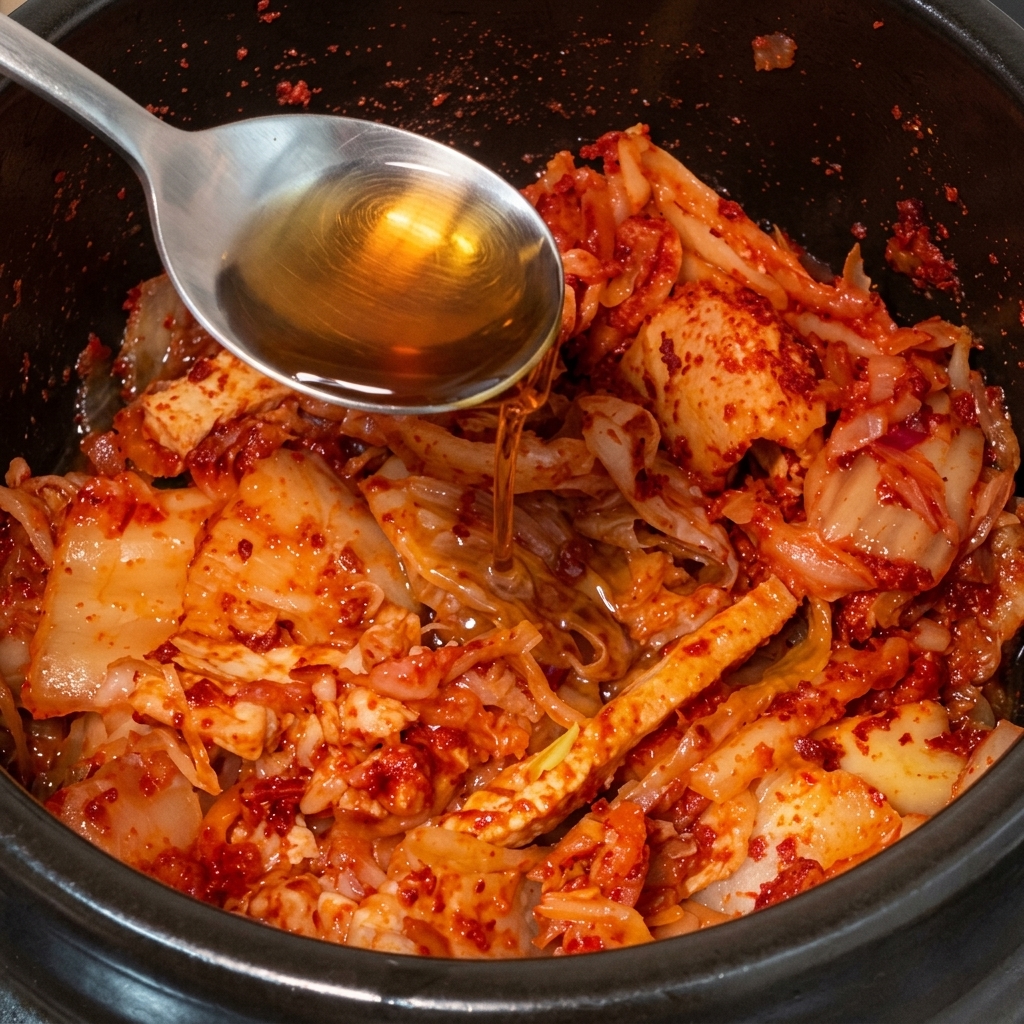 Una cucharada de metal vertiendo un líquido de color ámbar transparente en una olla negra llena de kimchi rojo vibrante y trozos de carne salteados.
