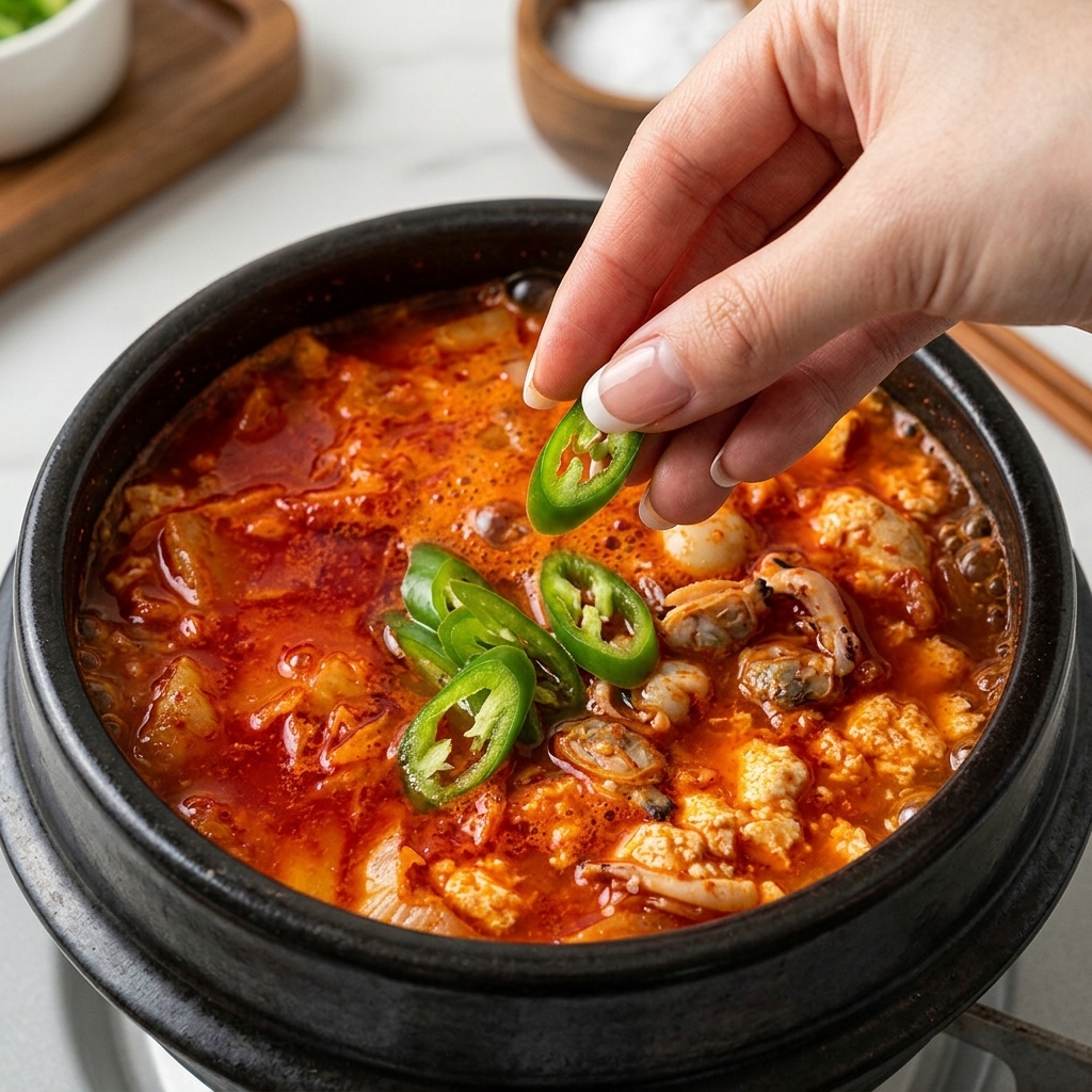 Un primer plano de una mano dejando caer chiles verdes frescos cortados diagonalmente en una olla hirviendo de sopa de kimchi y tofu.