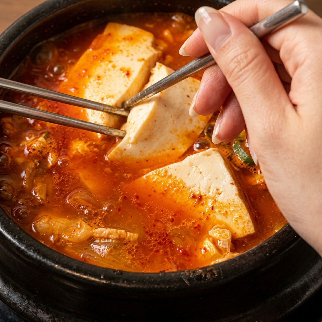 Una mano esparciendo cebolletas verdes y copos de alga sobre una sopa de tofu roja que burbujea en una olla de barro.