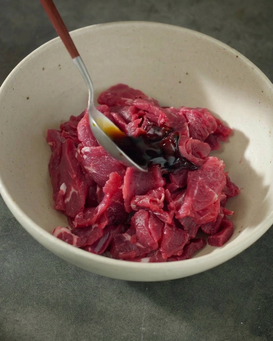 Cuchara vertiendo un condimento oscuro, como salsa de soja, sobre rodajas de carne cruda en un cuenco de cerámica blanca.
