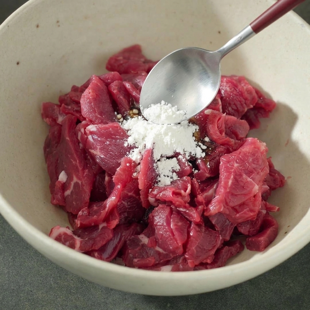 Cuchara depositando un poco de maicena blanca y pimienta en polvo sobre las rodajas de carne cruda marinada.