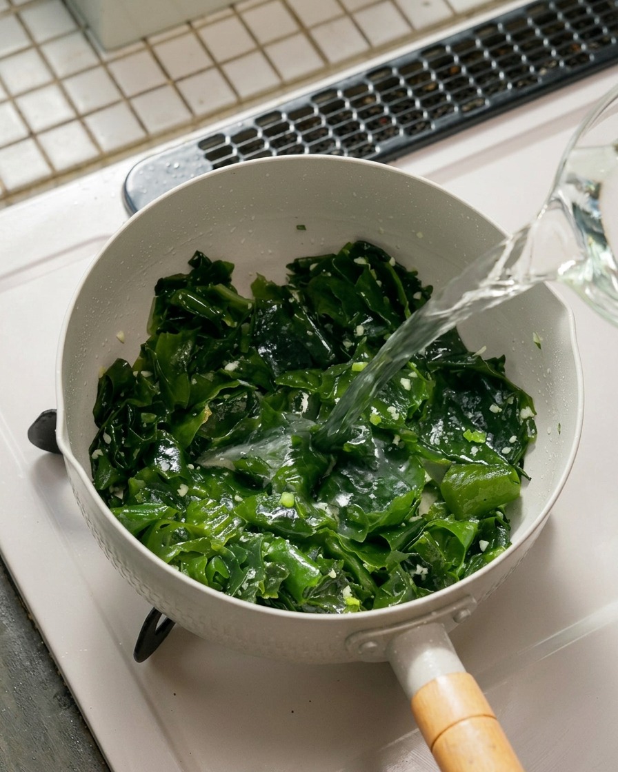 Líquido transparente vertiéndose en una olla con algas verdes y trozos de ajo salteado.