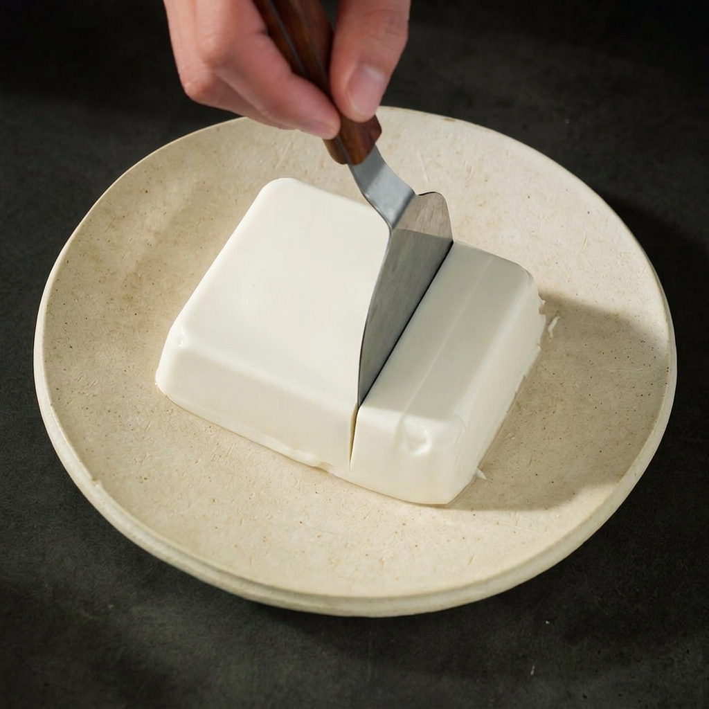 Persona usando una pequeña espátula de metal para cortar un bloque suave y rectangular de tofu sedoso blanco en cubos sobre un plato.