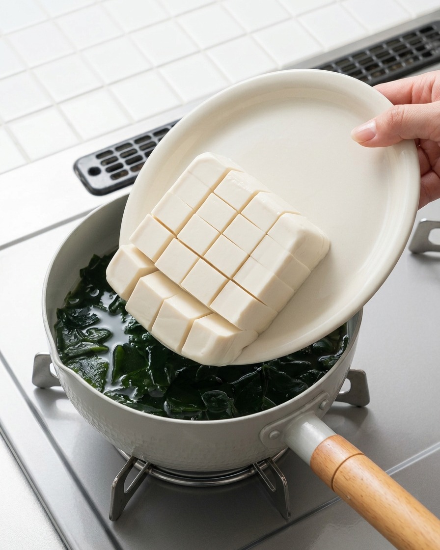 Plato con tofu sedoso cortado en cubos perfectos que se inclina para deslizar las piezas en una olla blanca con sopa de algas caliente.