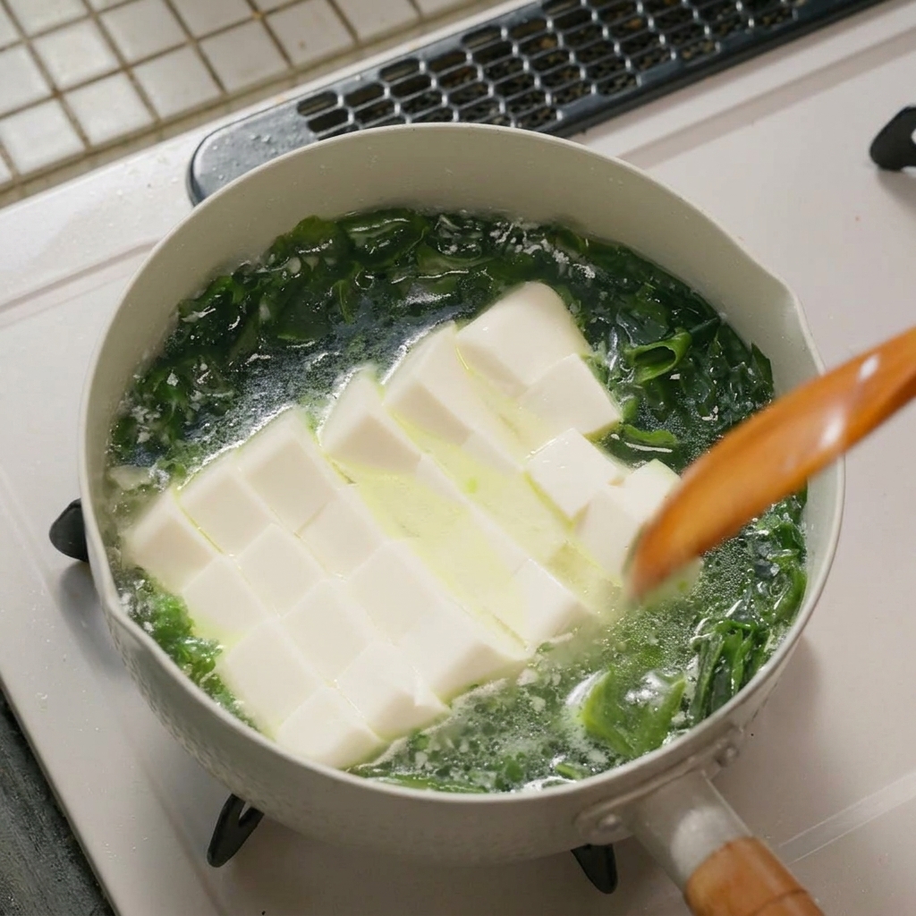 Espátula de madera removiendo con cuidado los cubos de tofu blanco y las algas en un caldo transparente a fuego lento.