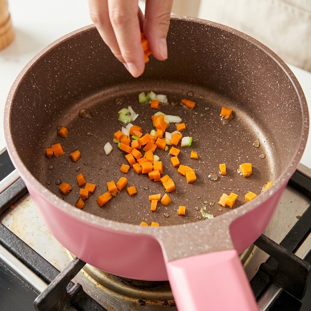 Zanahorias picadas y partes blancas de cebolleta salteándose en una olla rosa.