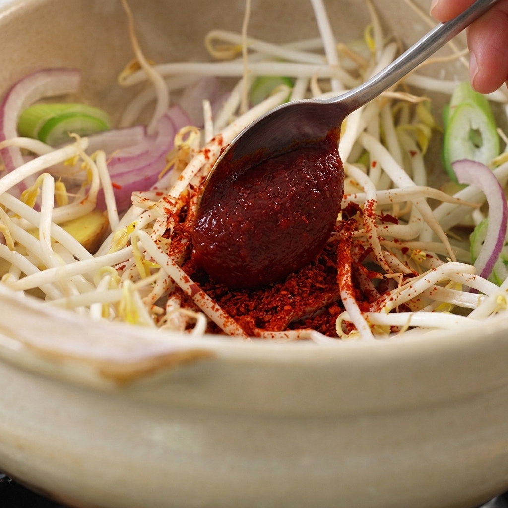 Pasta de chile coreana añadida a la cazuela.