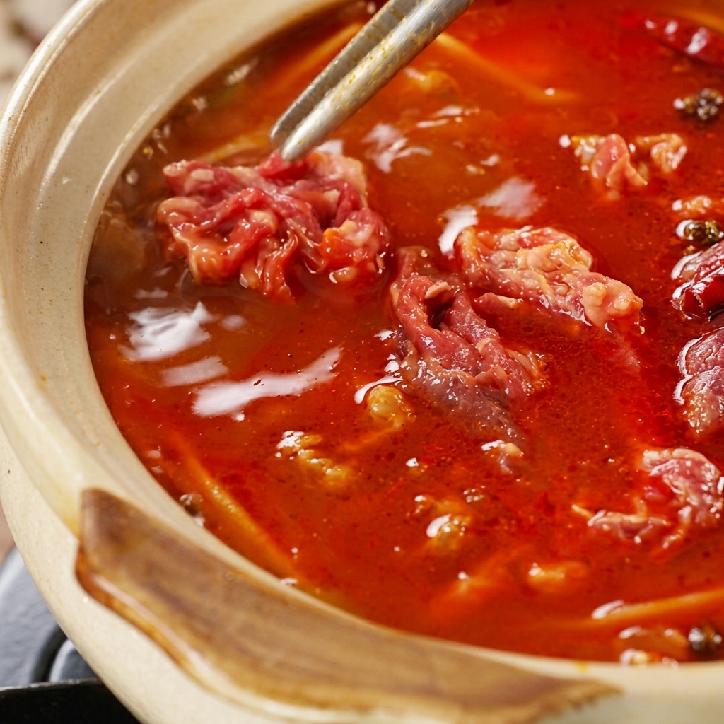 Ternera marinada añadida con pinzas a la cazuela.