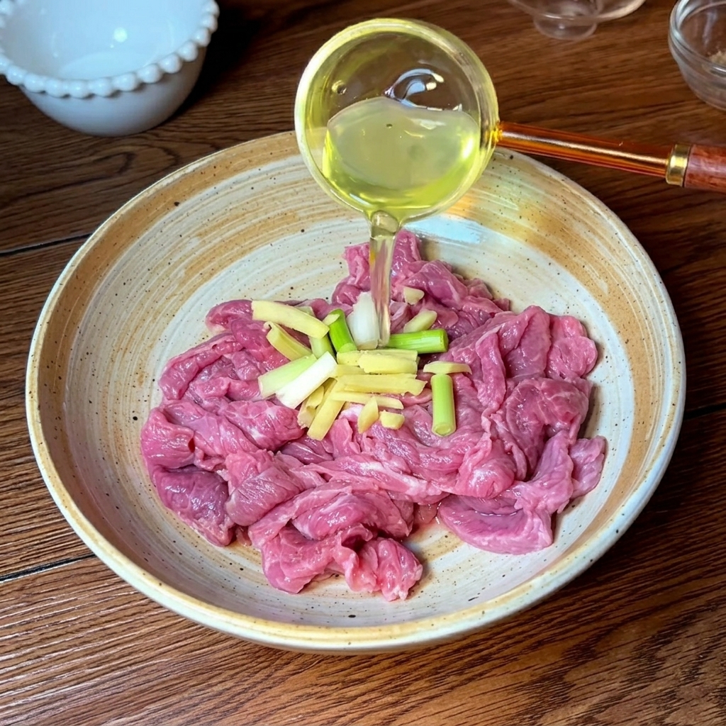Un cuenco de cerámica con ternera cruda en láminas cubierta con tiras de jengibre fresco y cebolleta, mientras se añade un aderezo líquido con un cucharón de cristal.