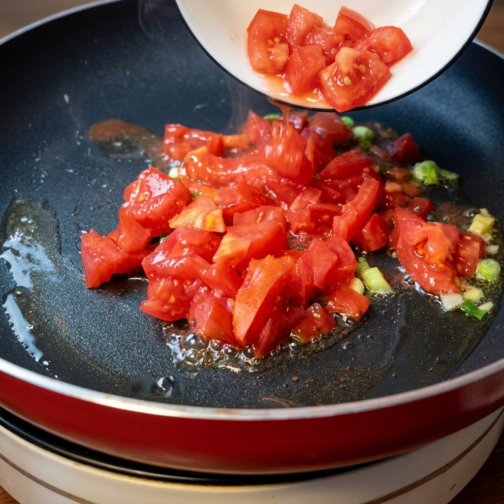Tomates rojos troceados siendo vertidos desde un bol blanco en una sartén caliente con aceite chisporroteante y cebolleta picada.