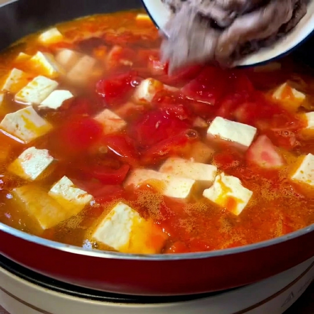Láminas de ternera salteada siendo añadidas desde un plato a una sartén con sopa de tomate y cubos de tofu blanco.