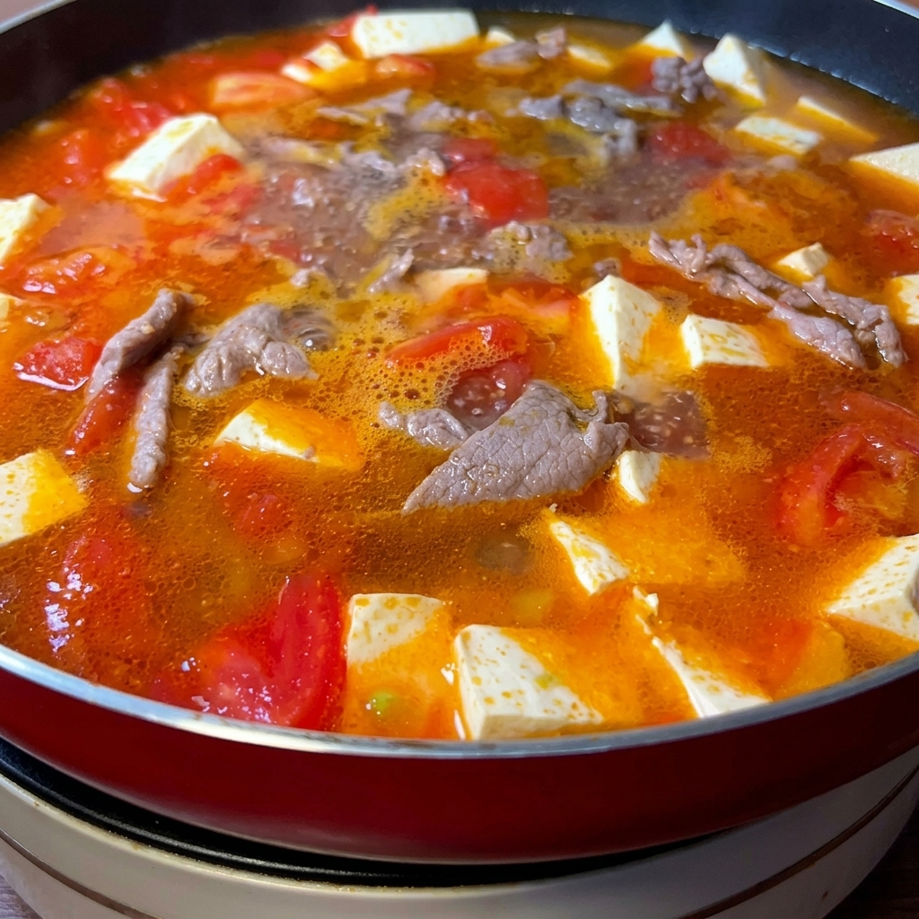 Una sartén roja llena de una sopa colorida hirviendo que contiene trozos de tomate, cubos de tofu blanco y láminas de ternera.