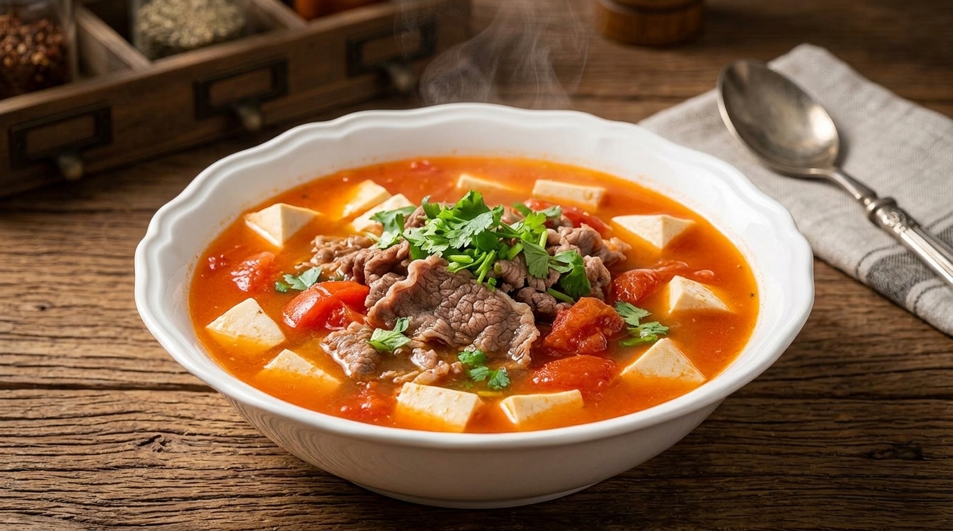 Sopa reconfortante de tomate, tofu y ternera