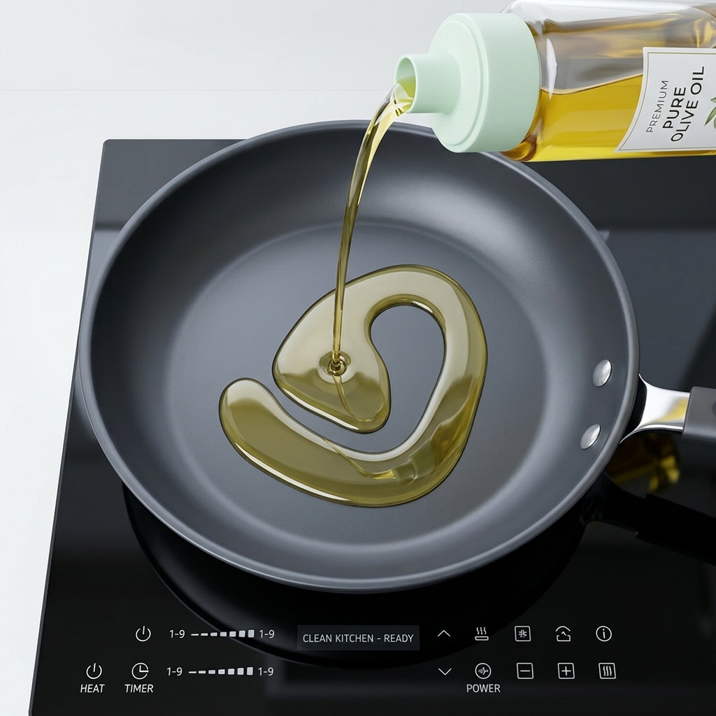 Aceite de cocina siendo vertido desde una botella de cristal en una sartén antiadherente limpia.
