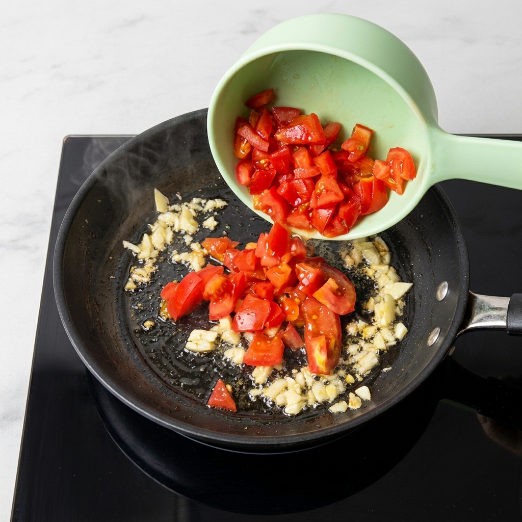 Tomates rojos picados siendo añadidos desde un cuenco a la sartén con el ajo sofrito.