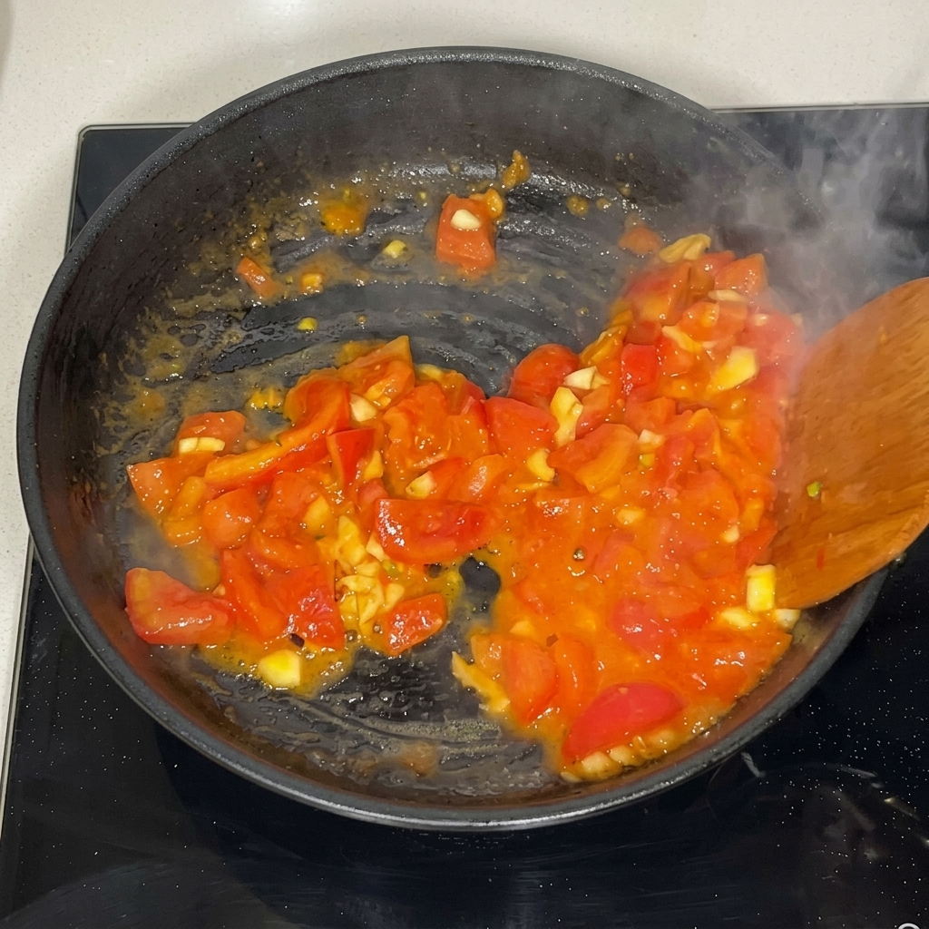 Tomates picados siendo salteados en una sartén negra con una espátula de madera, soltando jugos.