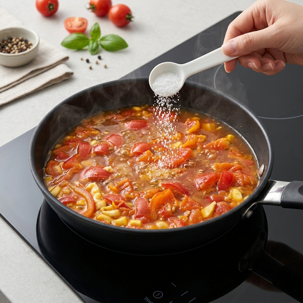 Una mano espolvoreando sal desde una cuchara medidora sobre la sopa de tomate burbujeante.