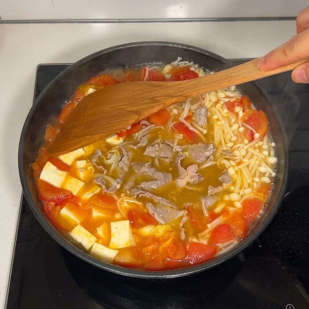 Una espátula de madera combinando ternera, tofu y setas en un caldo de tomate rico y burbujeante.