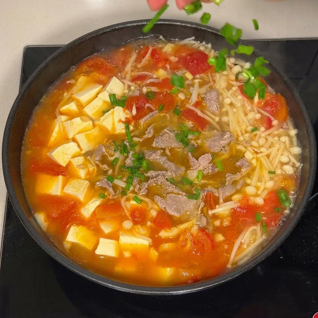 Cebolleta fresca picada siendo espolvoreada sobre la sopa caliente en la sartén.