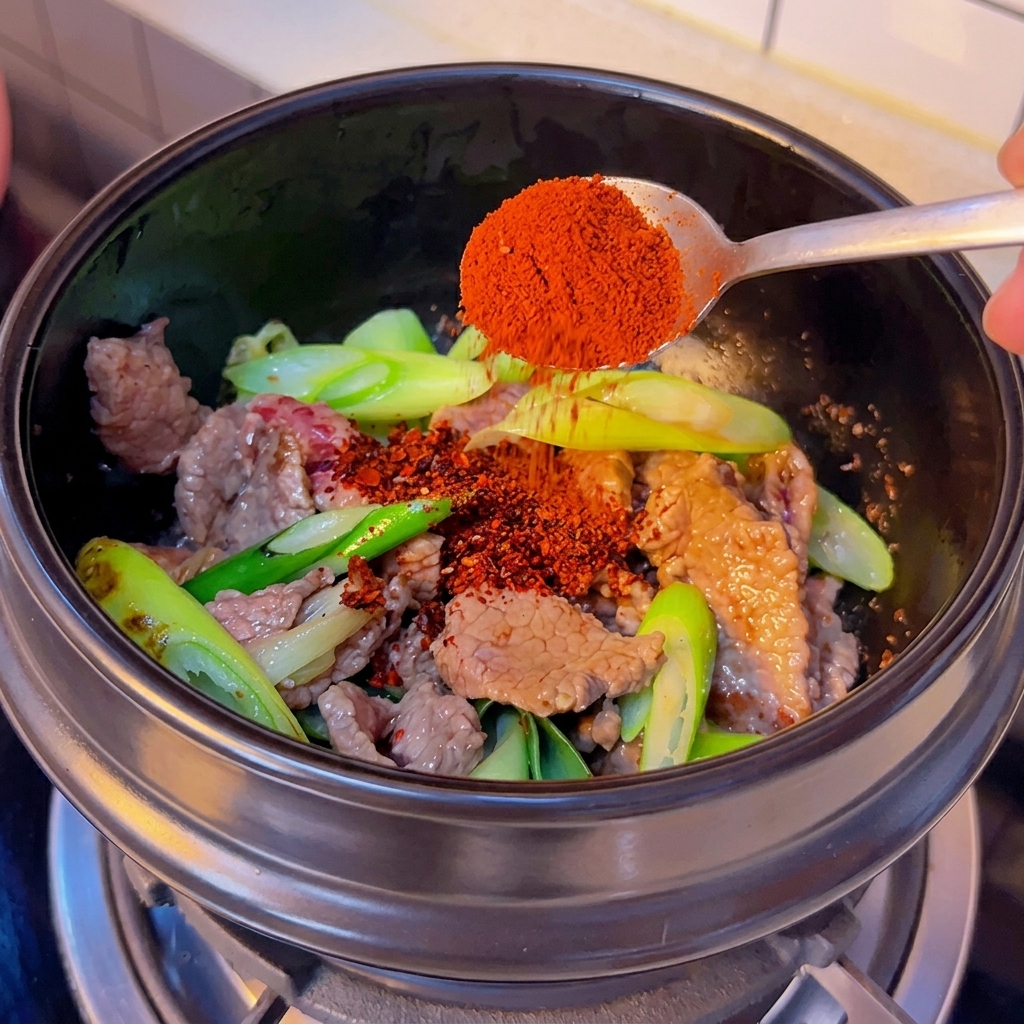 Chile en polvo fino espolvoreado sobre la mezcla de carne en la cazuela.
