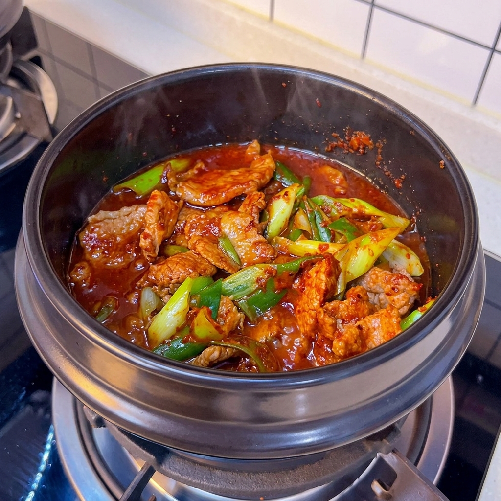 Caldo rojo burbujeante con carne y cebolla dentro de la cazuela de barro tras añadir agua.