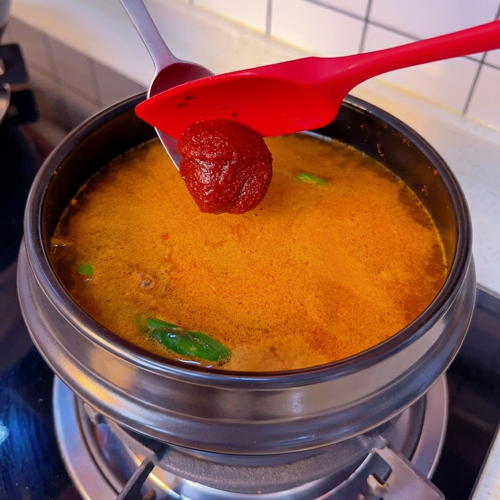 Una cucharada de pasta de chile roja siendo incorporada a la base de caldo hirviendo.
