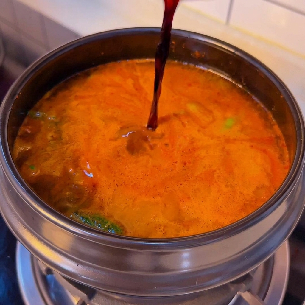 Un chorrito de salsa de soja siendo vertido en el caldo burbujeante.