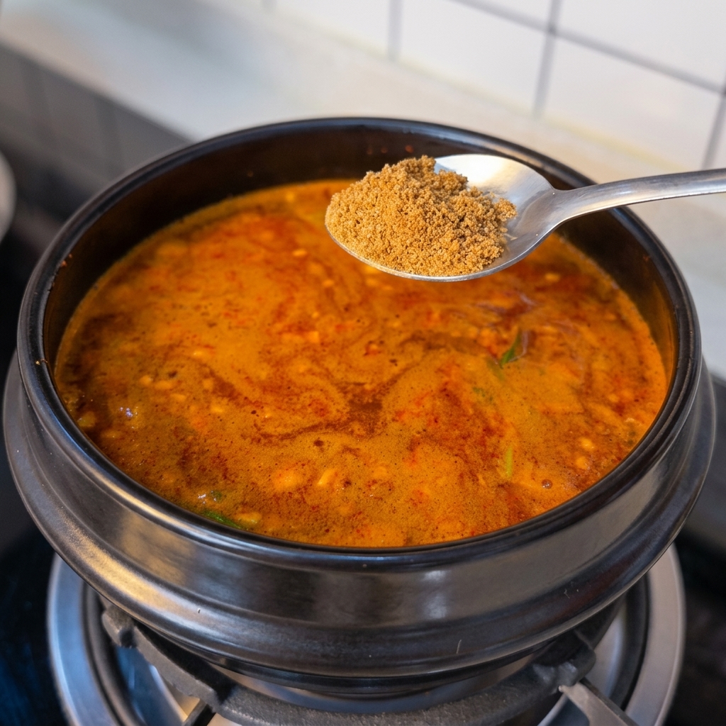 Una cucharada de caldo de ternera en polvo lista para caer en el guiso.