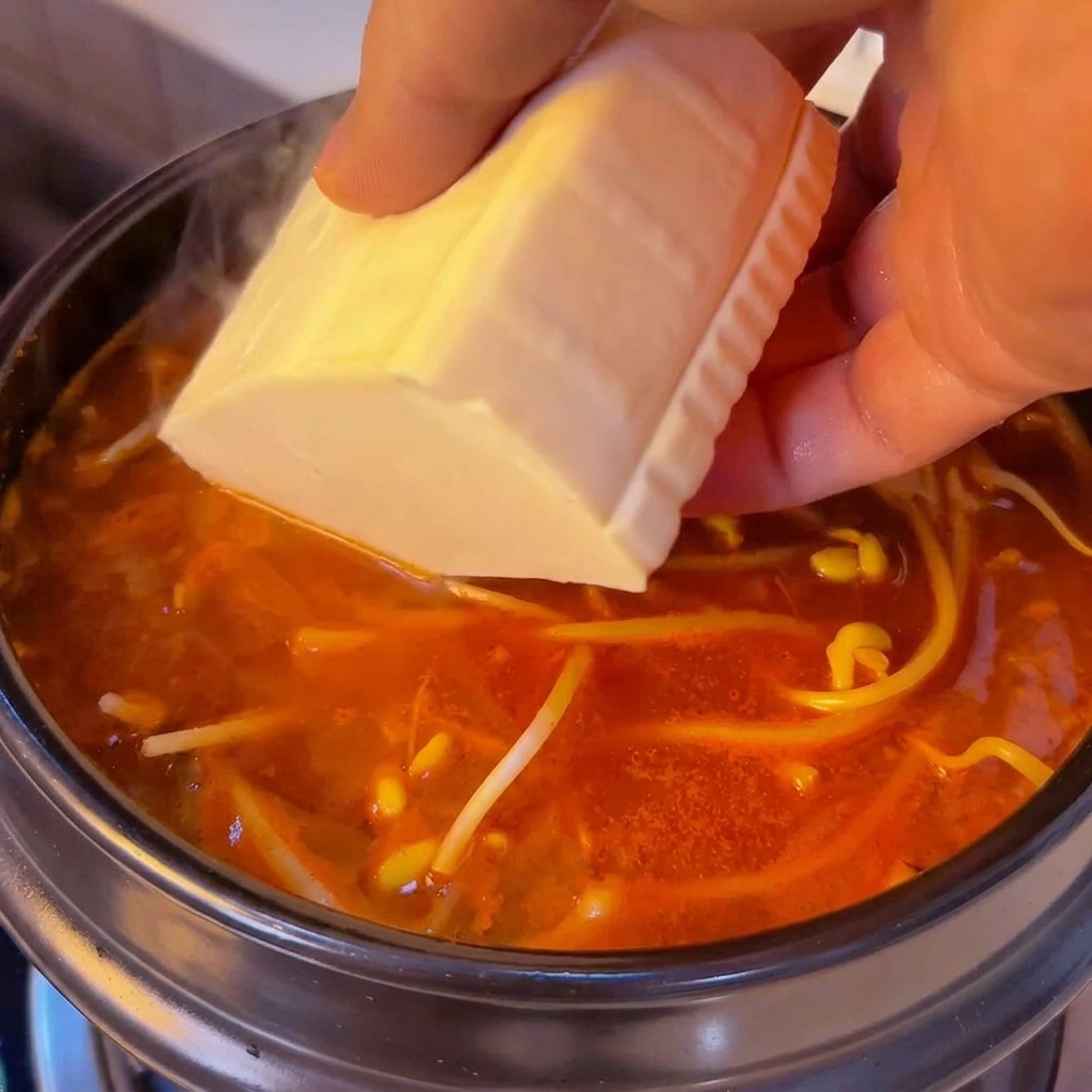 Un bloque de tofu sedoso siendo deslizado cuidadosamente en la cazuela.
