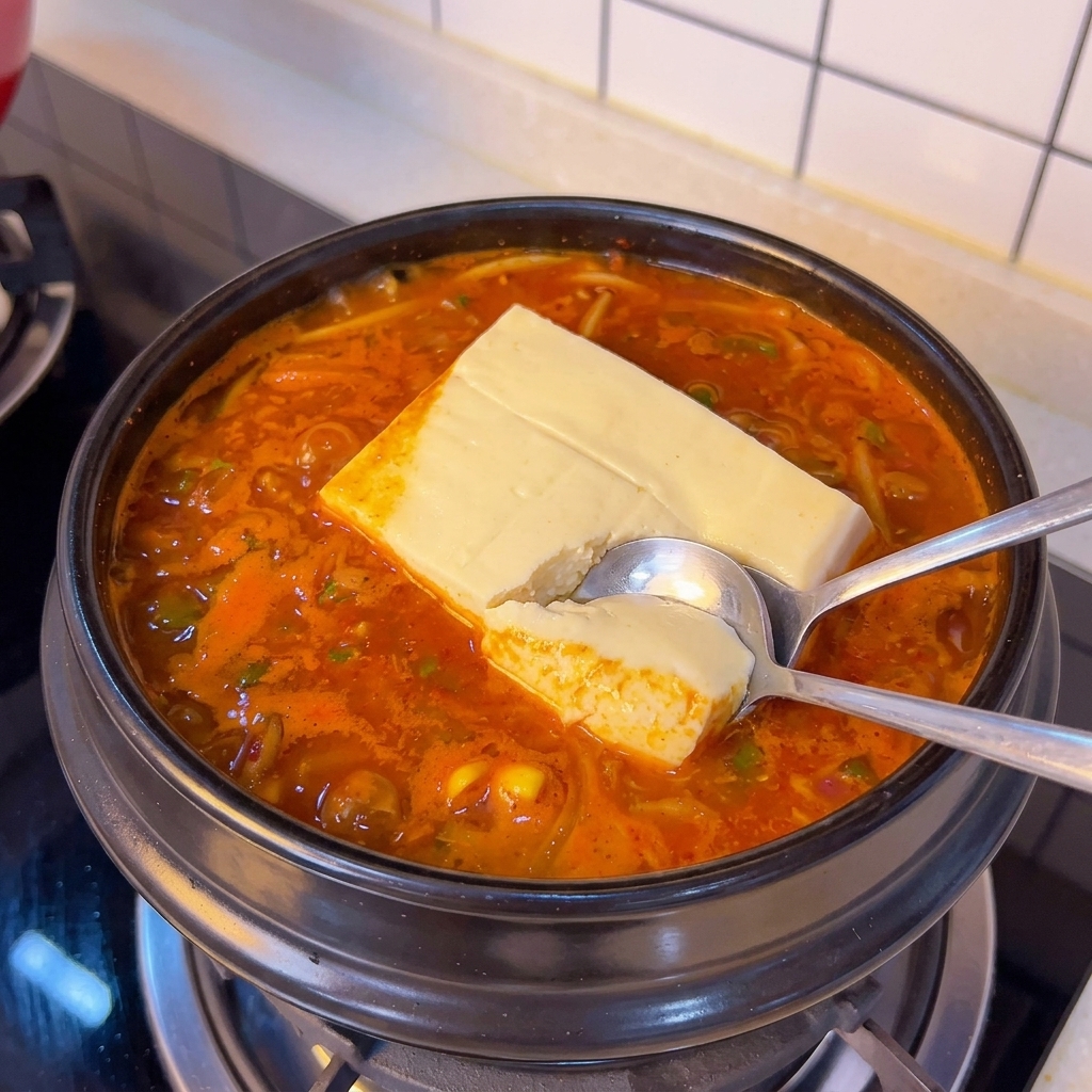 Dos cucharas metálicas separando suavemente el tofu dentro del guiso.