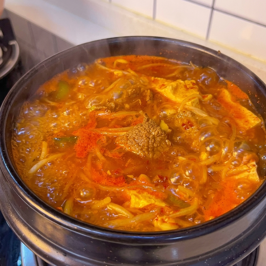 El guiso de tofu hirviendo vigorosamente con todos sus ingredientes.