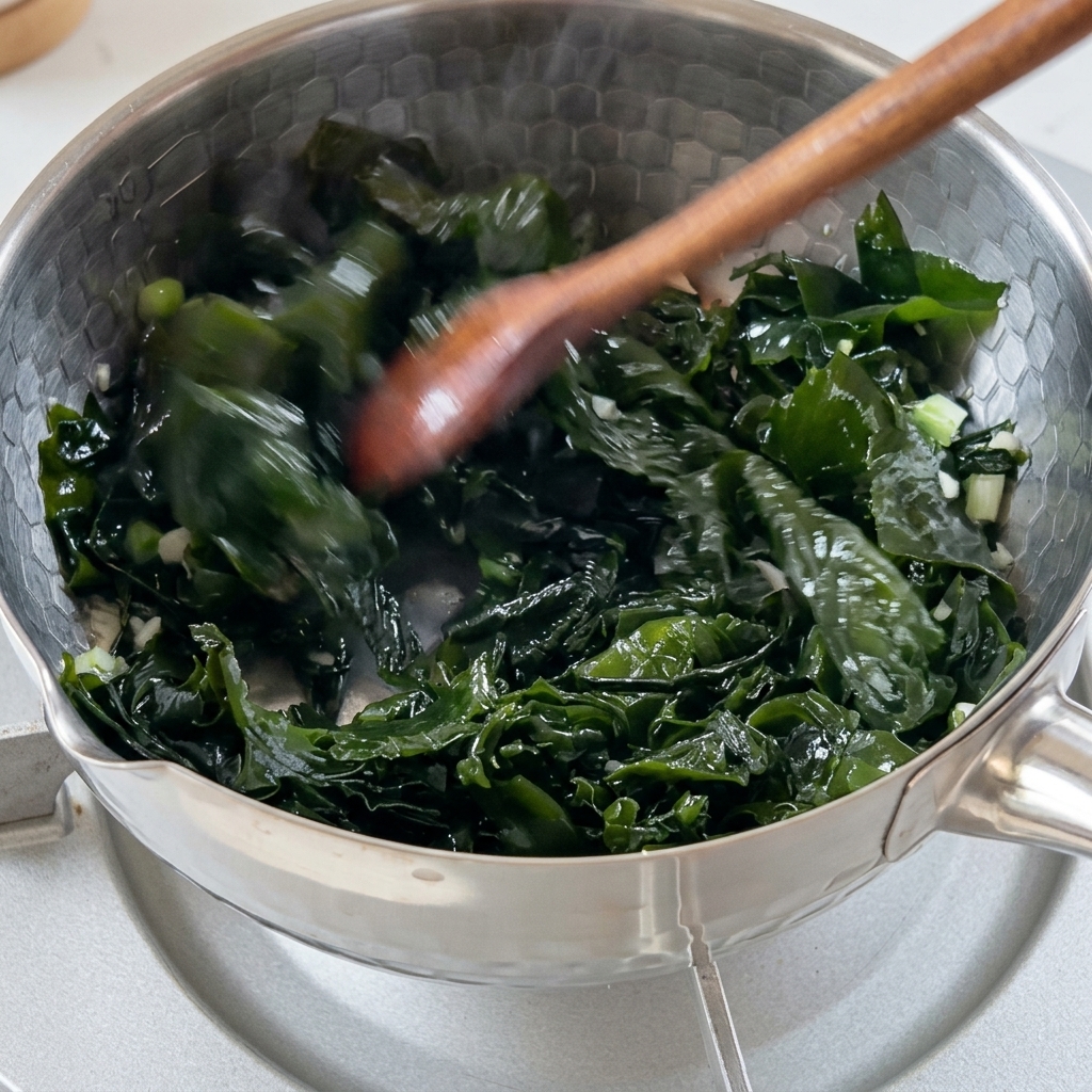Algas wakame hidratadas removiéndose con ingredientes aromáticos en una olla de metal.