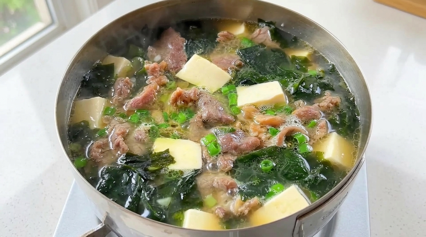 Sopa rápida de ternera, tofu y algas wakame