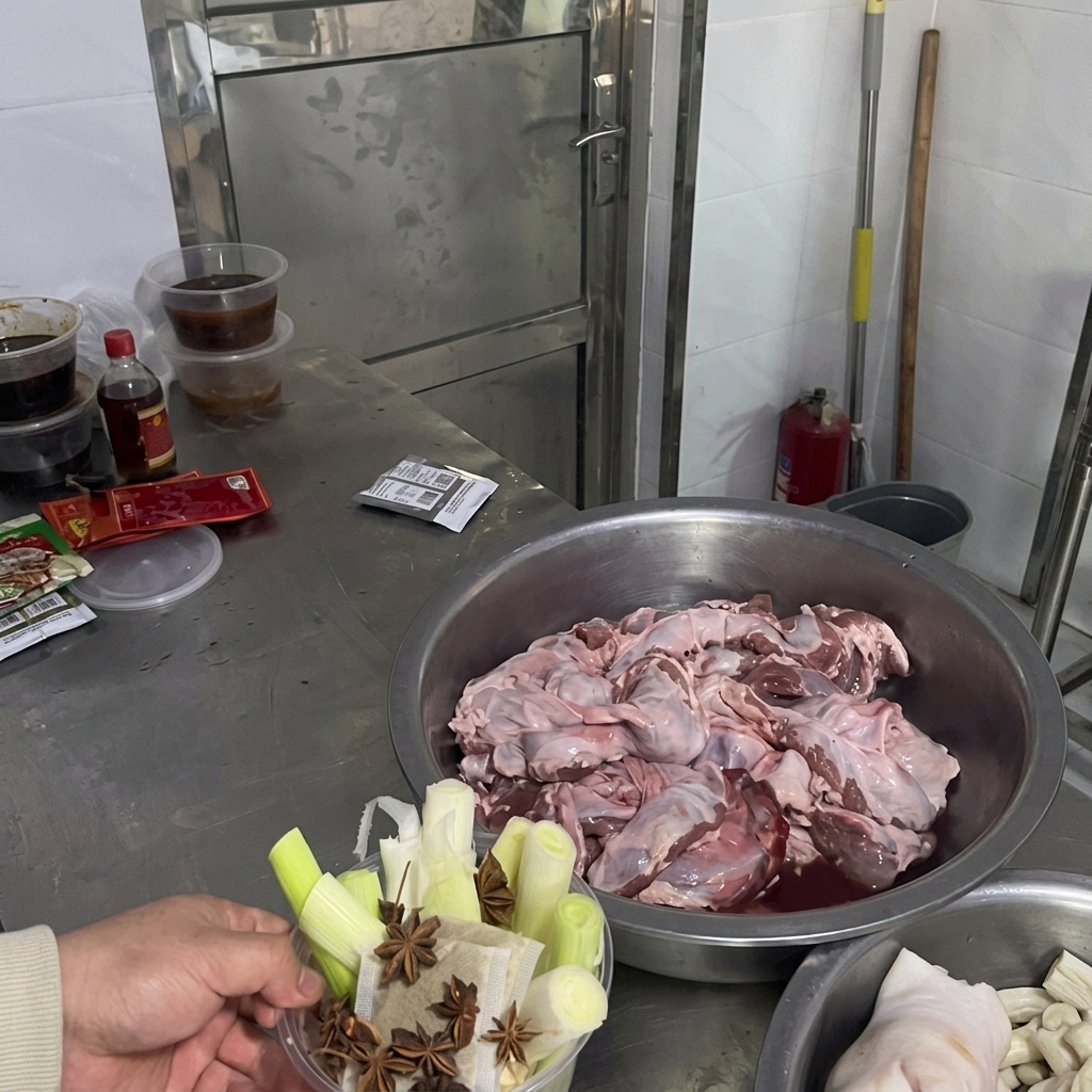 Manos sosteniendo un recipiente con cebolletas frescas, jengibre y anís estrellado.