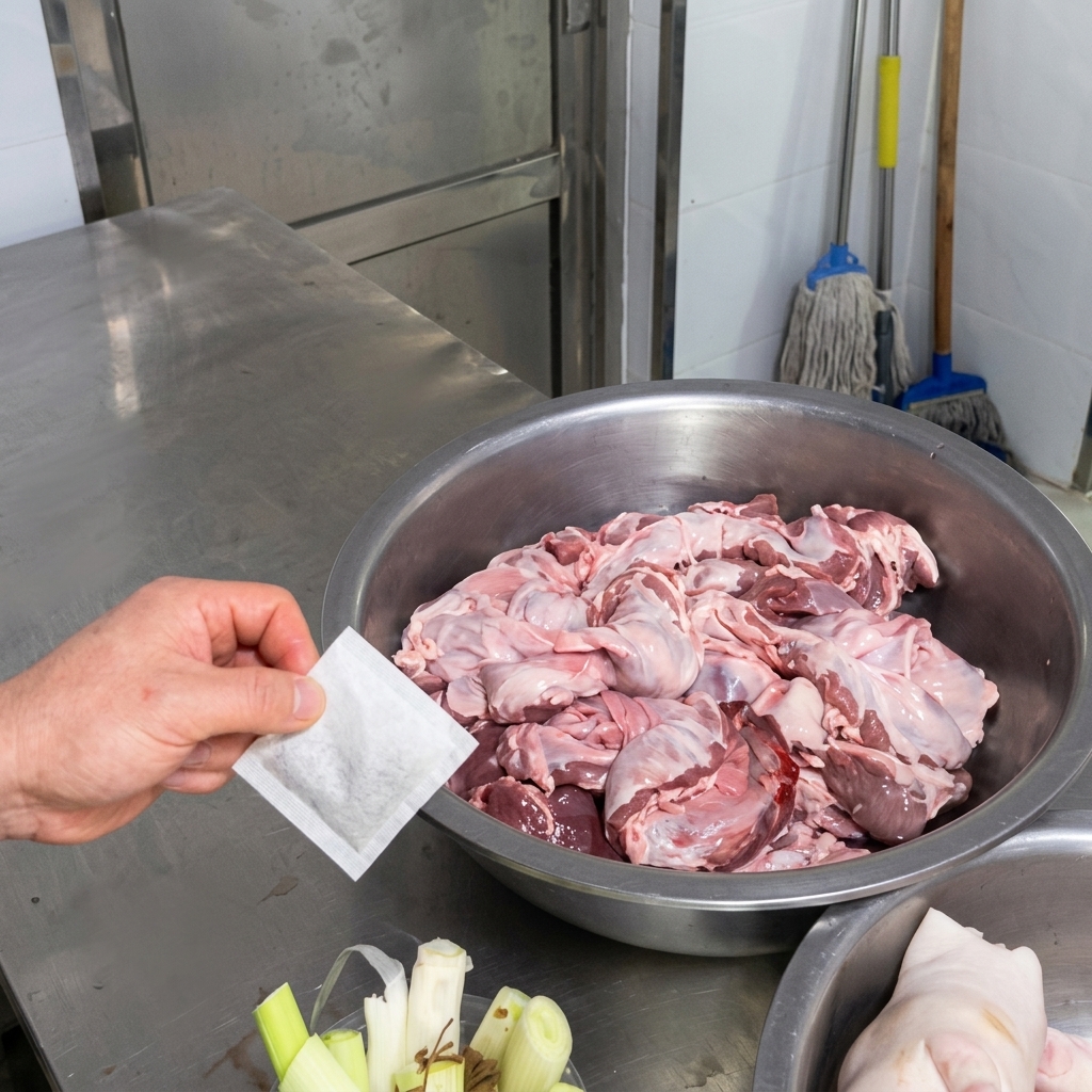 Mano sosteniendo una pequeña bolsa de tela con especias sobre carne cruda.