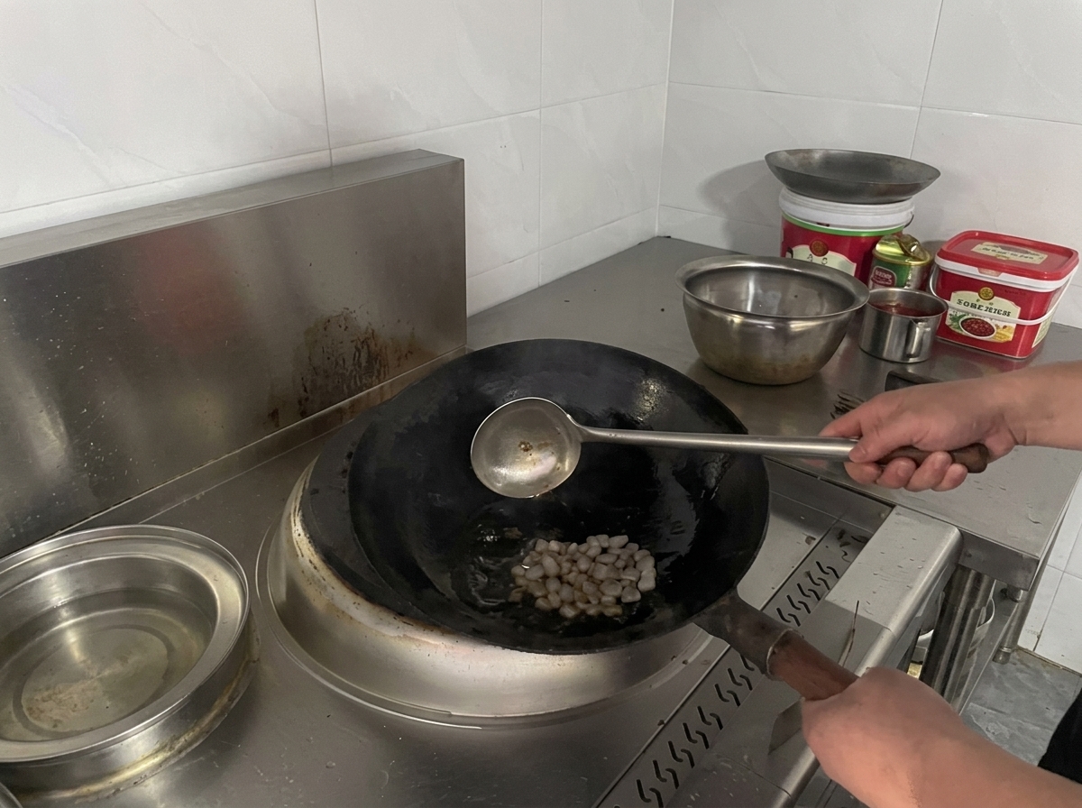 Cucharón en un wok con aceite y trozos de azúcar piedra sobre un fogón.