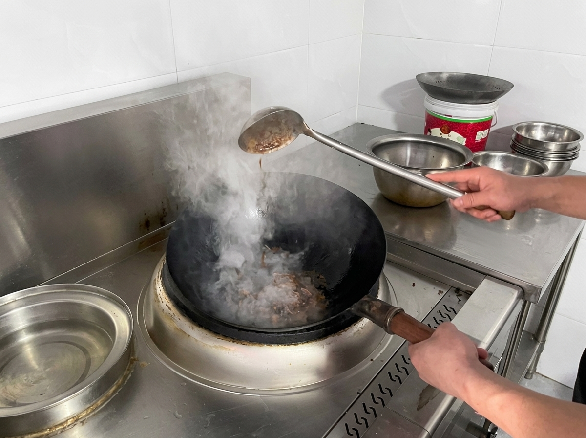 Jarabe de azúcar caramelizado hirviendo en el fondo de un wok.