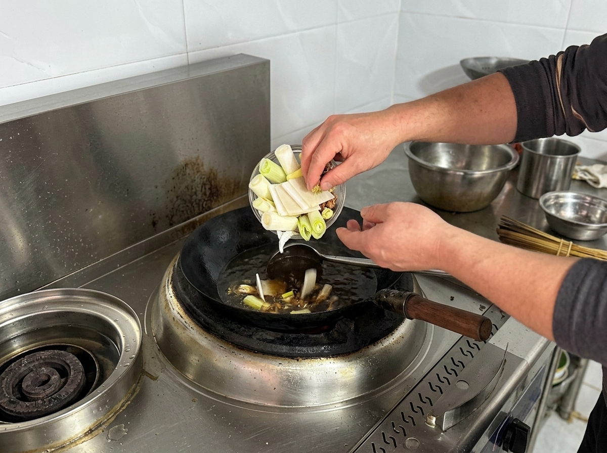 Manos echando cebolletas, jengibre y anís en un caldo oscuro en un wok.