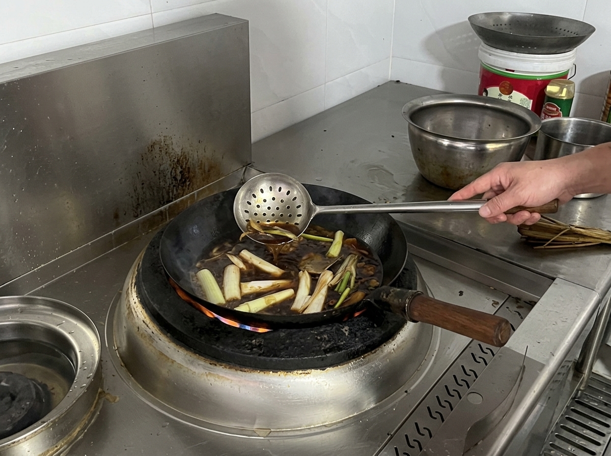 Cucharón removiendo caldo de estofado con especias mientras se añade el sazón.
