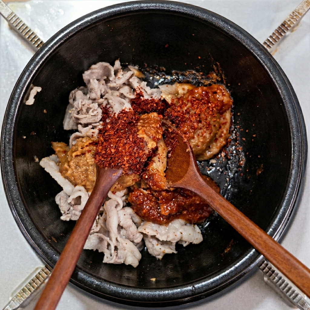Panceta sofriéndose con pasta de soja, ssamjang y polvo de chile usando cucharas de madera.