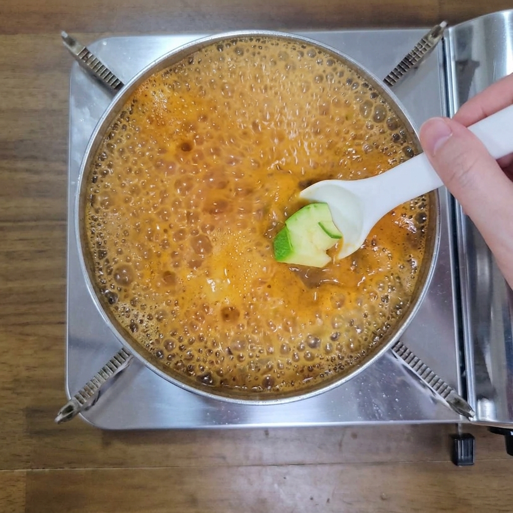 Mano añadiendo calabacín troceado a una olla de estofado burbujeante.