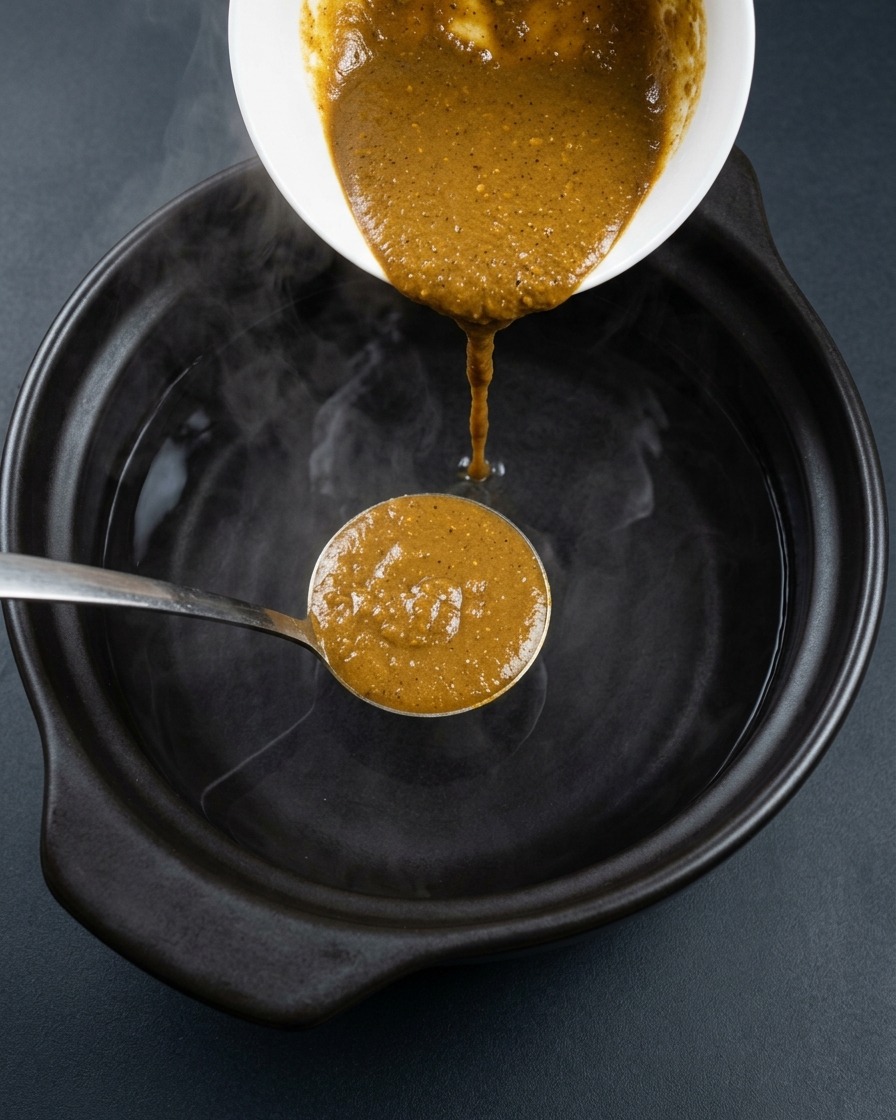 Una cucharada de pasta de soja oscura siendo añadida a una olla de barro humeante con agua caliente.