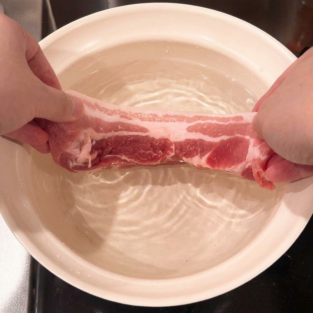 Una tira de panceta de cerdo cruda sumergida en una olla de agua fría.