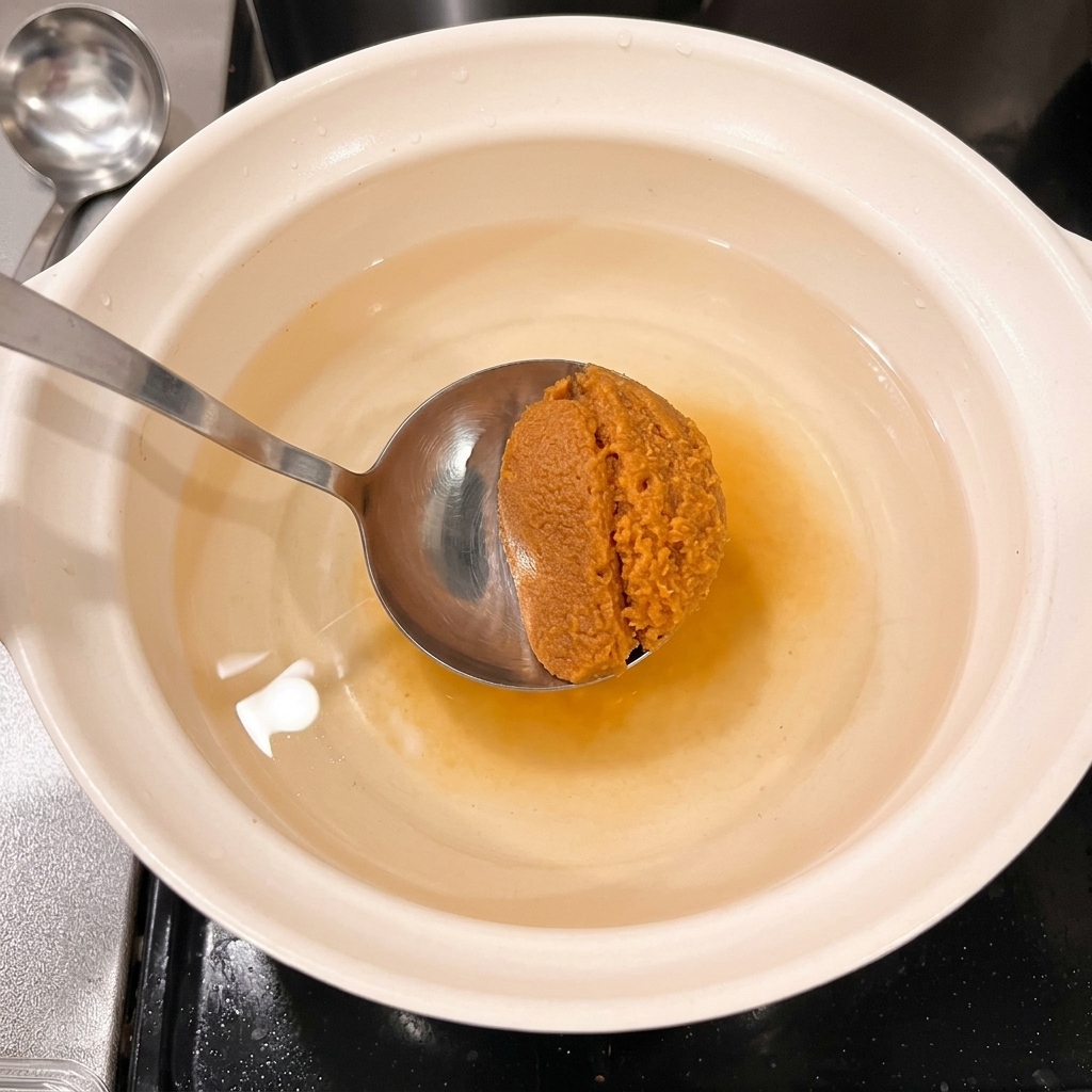 Una cucharada de pasta de miso siendo disuelta en el líquido de la olla.