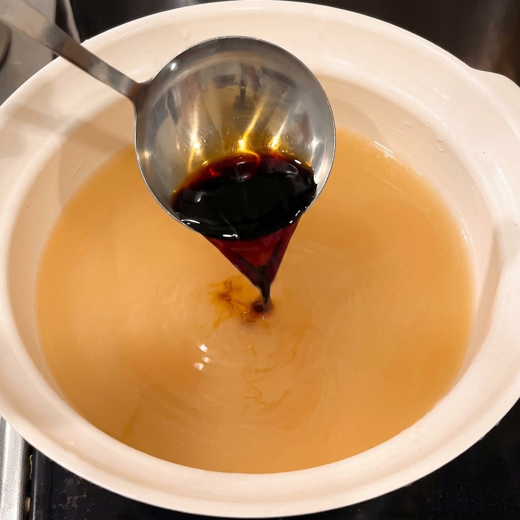 Salsa de soja oscura siendo vertida desde un cucharón en un caldo claro dentro de una olla de cerámica blanca.