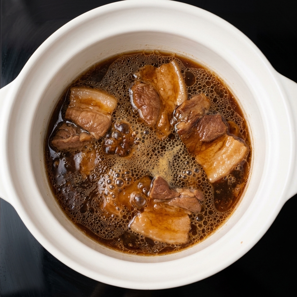 Trozos de panceta hirviendo sin tapa en una salsa oscura y burbujeante.