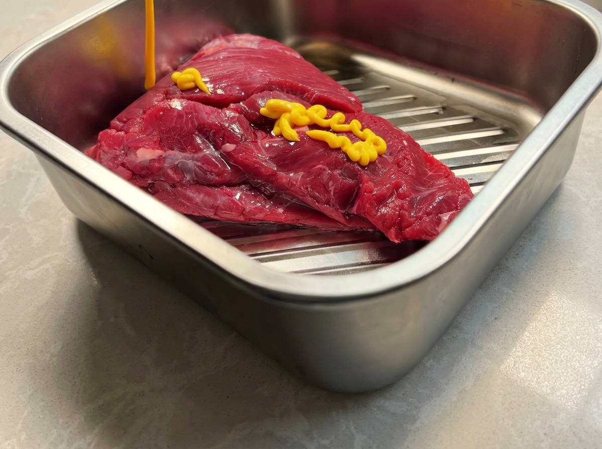 Una falda de res cruda en una bandeja de acero inoxidable mientras se le aplica mostaza por la superficie.
