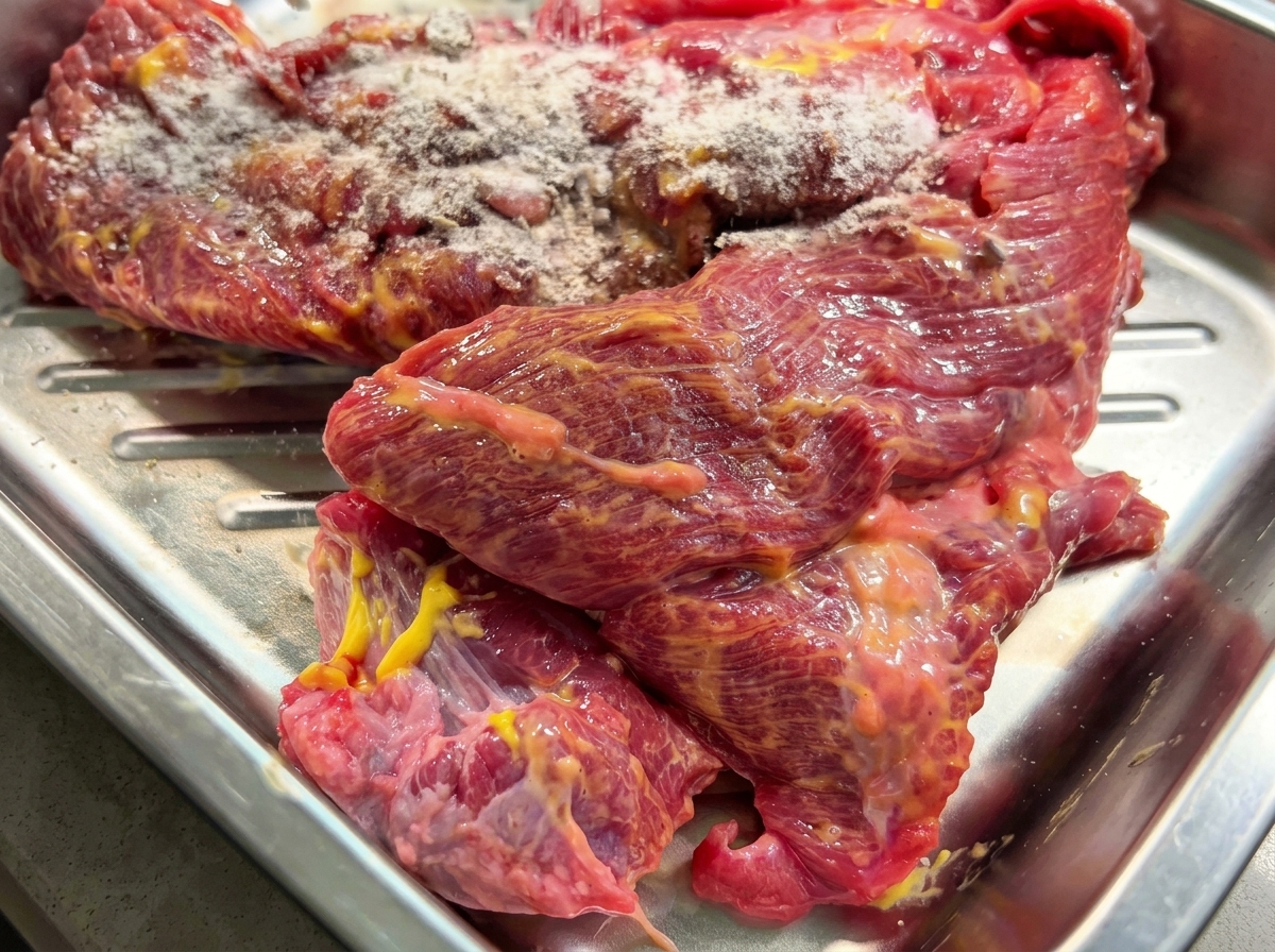 Un trozo de falda de res cruda en una bandeja de acero inoxidable cubierta con una mezcla de especias secas.
