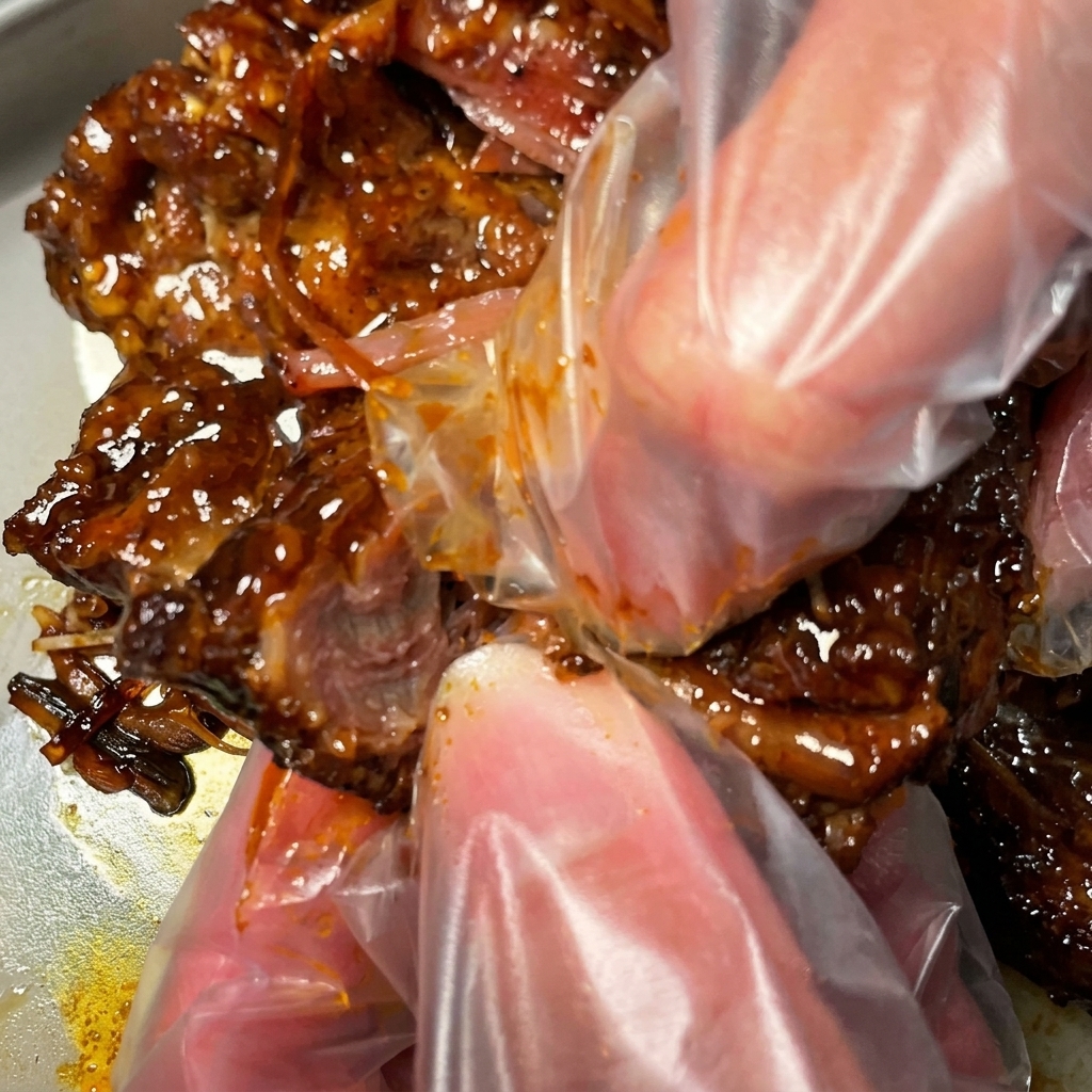 Unas manos con guantes de plástico deshebrando un trozo de falda de res cocida en hebras más pequeñas y tiernas.