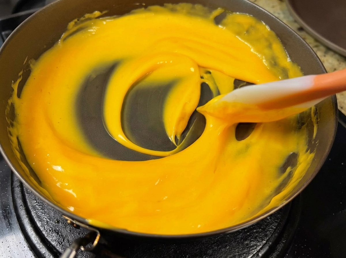 Una salsa de queso amarilla y cremosa removiéndose en una sartén antiadherente con una espátula de silicona.